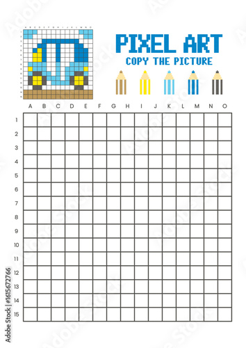 Copy the picture grid drawing worksheet for kids. Pixel art auto rickshaw
