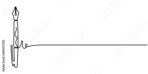 Fountain pen in continuous line art drawing style. Writing or signing document using status symbol vintage ink pen.  Black linear design isolated on white background. Vector illustration. 