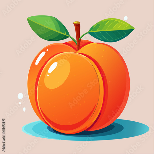 Vibrant Cartoon Apricot Illustration with Lush Green Leaves and a Playful Design