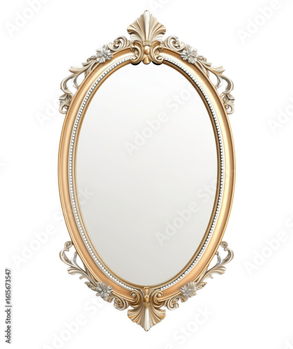 Elegant oval shaped decorative mirror with ornate gold frame on transparent background