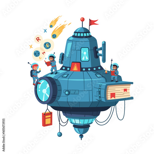 Adventurous children in space suits exploring a fantastical floating submarine-like machine made of books, symbolizing science, exploration, and imagination.