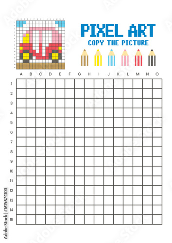 Copy the picture grid drawing worksheet for kids. Pixel art auto rickshaw