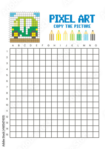 Copy the picture grid drawing worksheet for kids. Pixel art auto rickshaw
