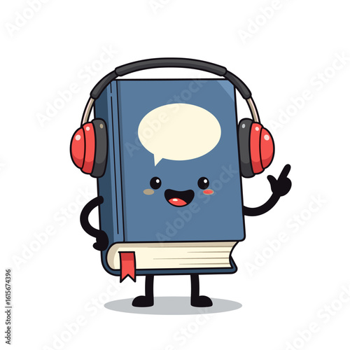Cute Cartoon Book Character with Headphones, Concept of Audiobooks and Digital Learning