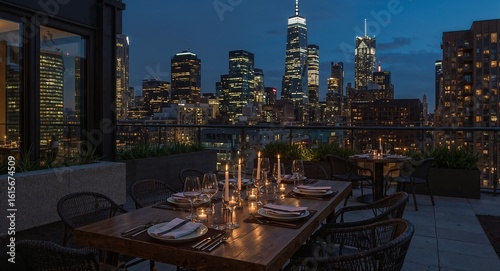 A rooftop dinner setting with candles and a city skyline view at night in new york city lights