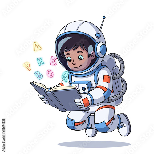 Young Astronaut Boy Floating in Space and Reading a Book with Flying Letters, Future of Education and Exploration