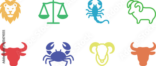Astrological zodiac sign icons featuring Leo, Libra, Scorpio, Aries, Taurus, Cancer, and Ram, representing horoscopes and celestial symbols.
