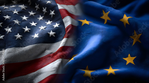 Close up of United States flag and European Union flag side by side symbolizing international cooperation.