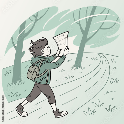Illustration of a boy holding a map while walking on a windy day with a tree in the background scenery