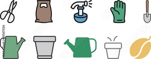 Collection of gardening tools and accessories icons for horticulture and plant care.
