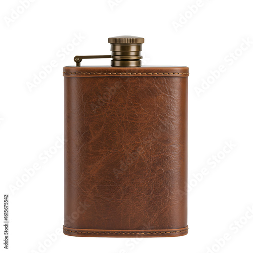 Isolated Photo Of Brown Leather Flask With Metal Cap On Transparent Background