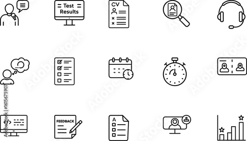 Minimalist interviews and screening icon set for candidate assessment and review