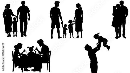 Stylish Silhouette Set of Family - Parents, Kids, Daily Life, Love and Togetherness
