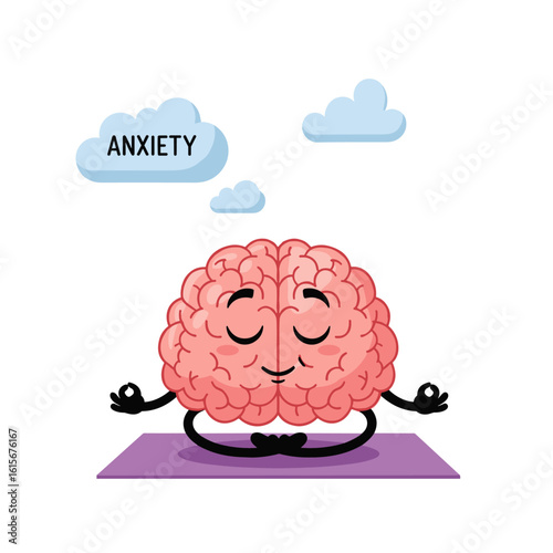Cartoon Brain Meditating with Anxiety Thought Bubble, Mental Health Concept