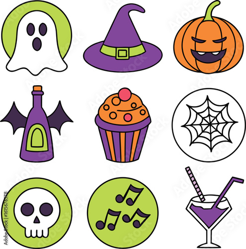Cute Halloween Icon Set, Spooky Vector Symbols with Ghost, Pumpkin, and Spider Web