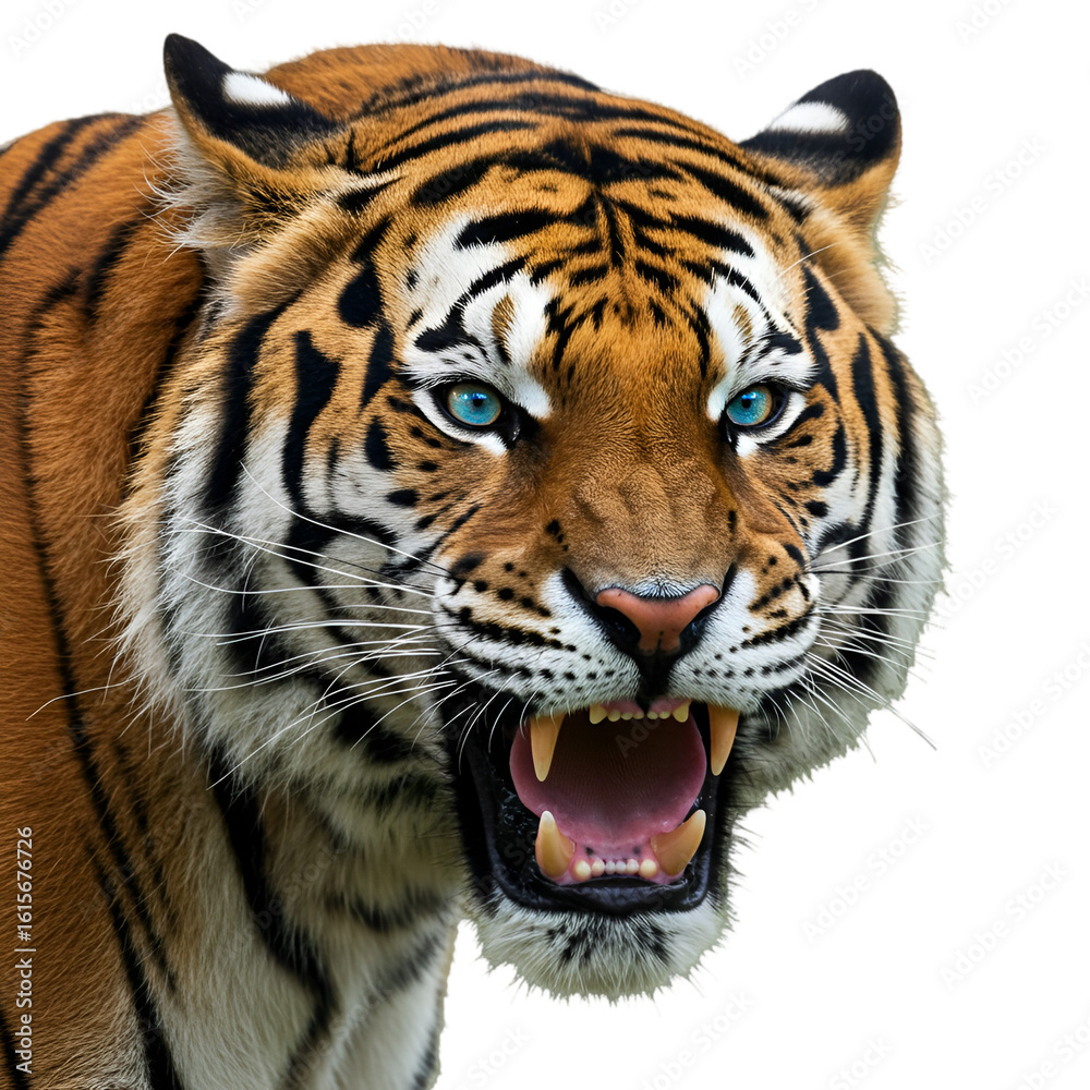 Fototapeta premium Isolated Photo Of A Roaring Tiger With Orange Fur And Striking Eyes