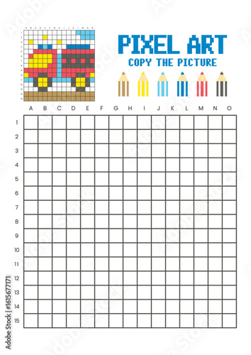 Copy the picture grid drawing worksheet for kids. Pixel art fire truck