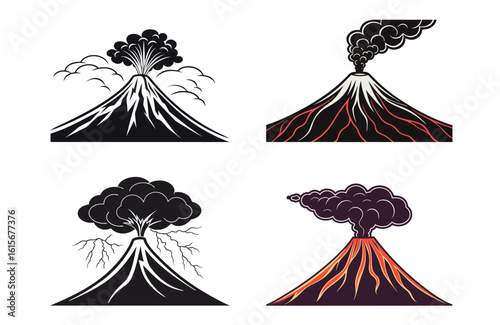 Various volcano eruptions are shown in different styles and colors against a white background