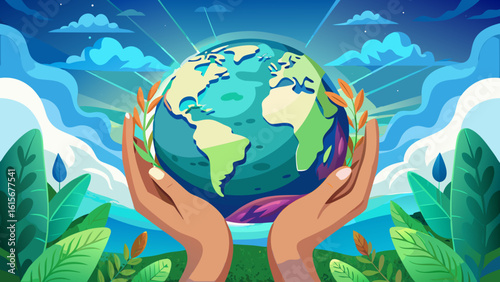 Protect Earth
A semi-realistic vector shows hands cradling a lush green planet, glowing with life under a blue sky, reminding us to protect Earth with every choice we make.


