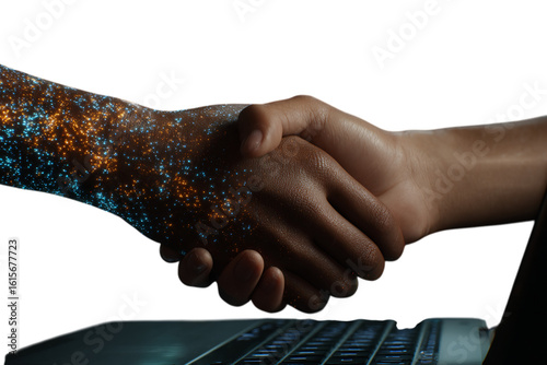 Photo of a digital handshake between a human and an artificial intelligence represents a technological agreement isolated on transparent background