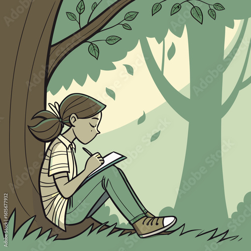 Girl with ponytail sitting against a tree trunk writing in a notebook in a forest with leaves falling down