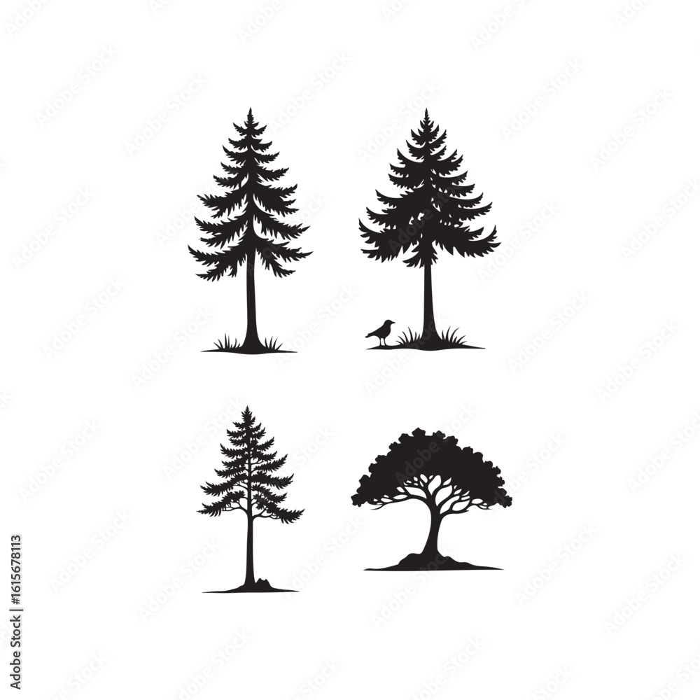 Fototapeta premium Four Silhouettes of Coniferous and Deciduous Trees.This image features four distinct tree silhouettes, set against a plain white background.