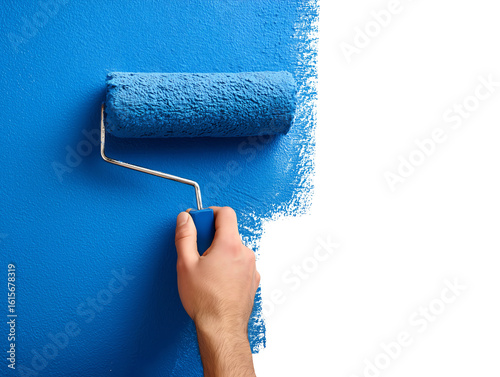 Paint roller applying blue paint isolated on transparent or white background, png