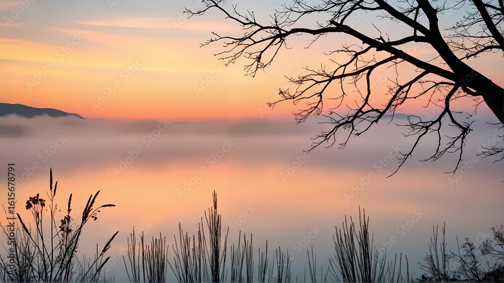 Obraz premium Golden sunlight touches the summer field, casting long silhouettes across the water as evening clouds drift in the orange sky