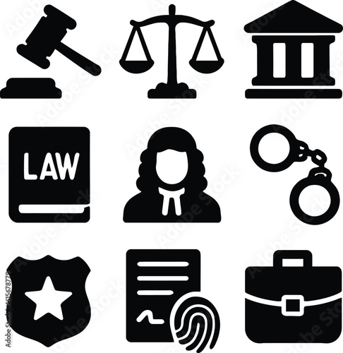 Court gavel justice scales courthouse law book judge handcuffs badge document fingerprint briefcase