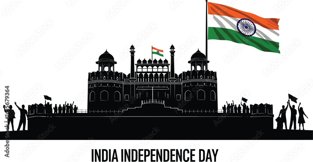 Naklejka premium Red fort silhouette with indian flag and crowd