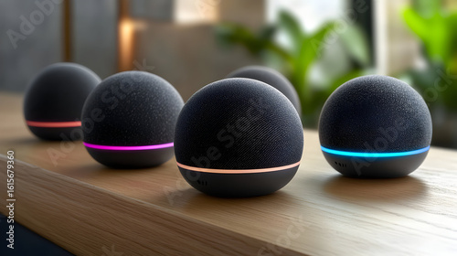 Four black Amazon Echo Dot smart speakers with different colored light rings on a wooden surface.