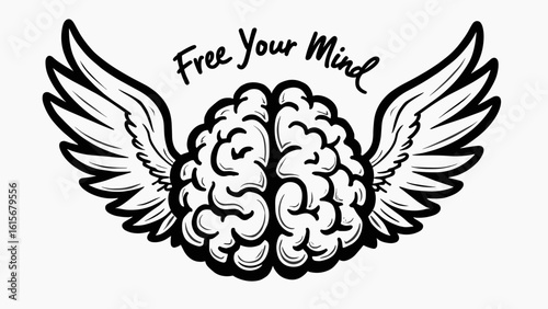 Minimalist Brain with Angel Wings and "Free Your Mind" Quote – Line Art Illustration

