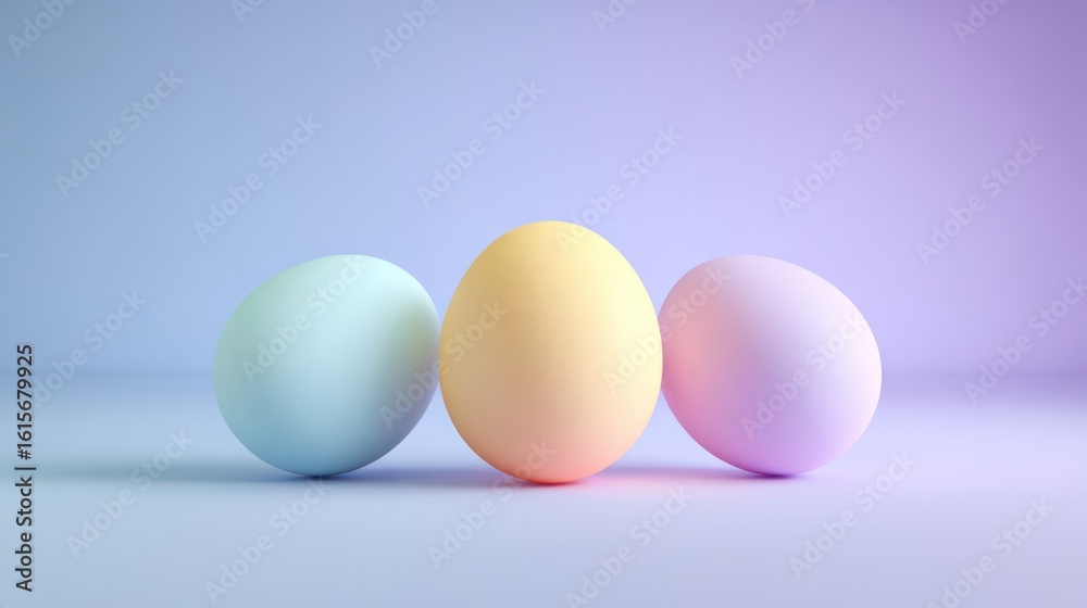 Fototapeta premium Three pastel-colored eggs stand out in a soft-focus studio shot against a purple and blue backdrop