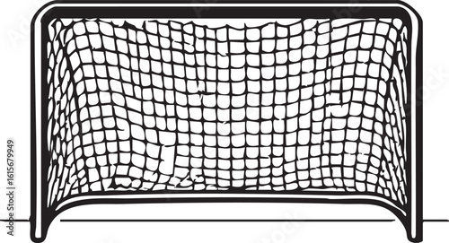 Minimalist Line Art Depicting Isolated Soccer Goal with a Net Black Outline and Red Line