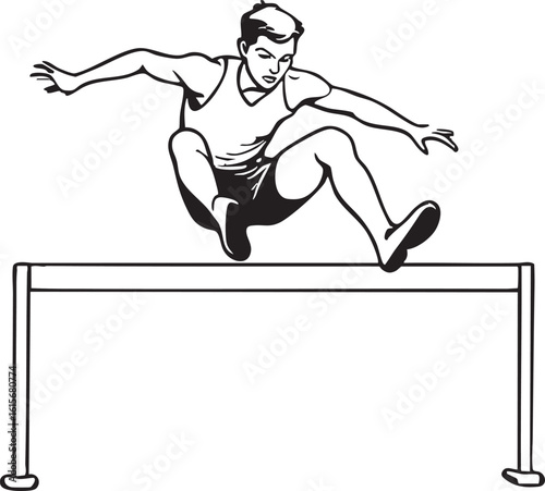 Athletic Young Man Hurdling Over the Bar in a Black and White Line Drawing Style Design
