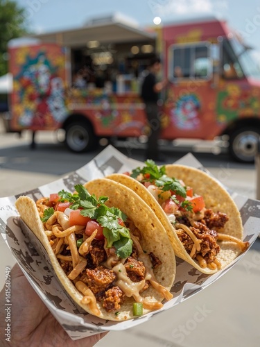 Close up of hand holding two tacos with meat cilantro and tomatoes in front of a food truck outside