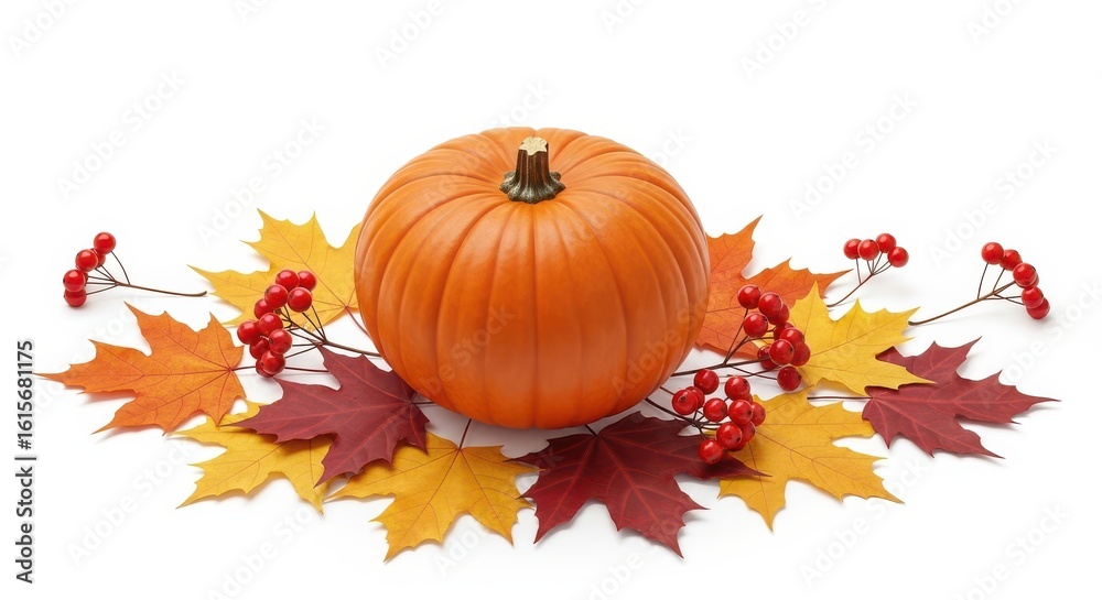 Naklejka premium Autumn Pumpkin Decoration With Maple Leaves and Red Berries
