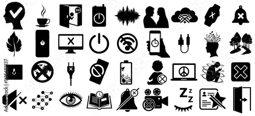 Digital detox and unplug icons in black silhouette style, mindfulness, disconnection, no screen time, mental health symbols