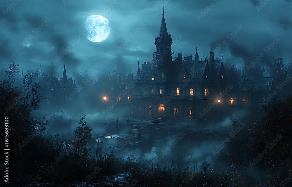 Fototapeta premium Spooky gothic mansion with full moon and fog at night haunted house
