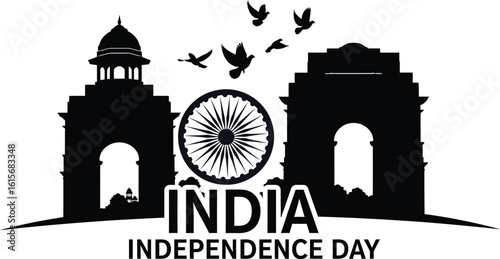 India independence day silhouette with monuments and birds