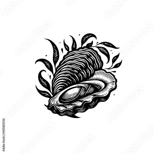 Detailed Black and White Illustration of an Open Oyster with Leaves.