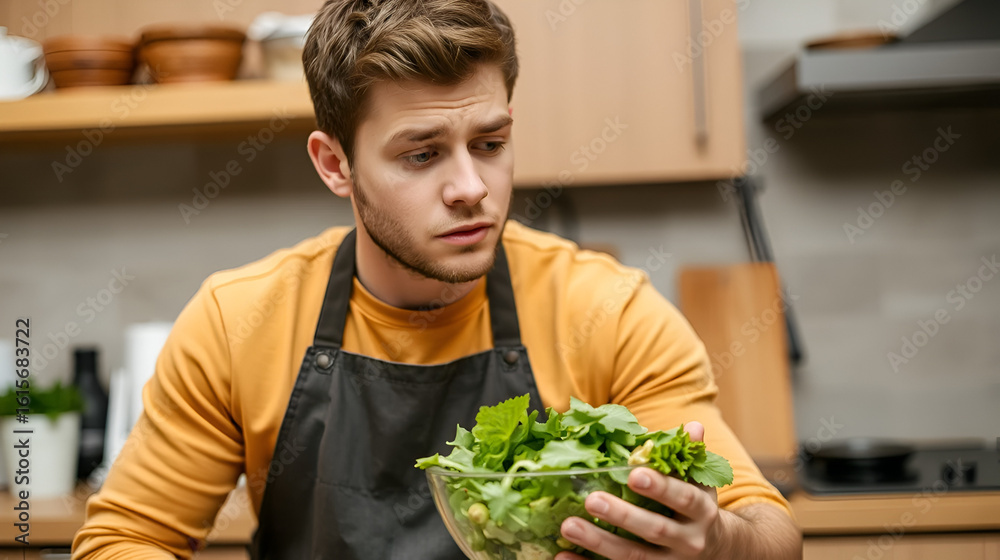 Fototapeta premium Young Man Hesitantly Looks at a Fresh Green Salad in a Kitchen Setting