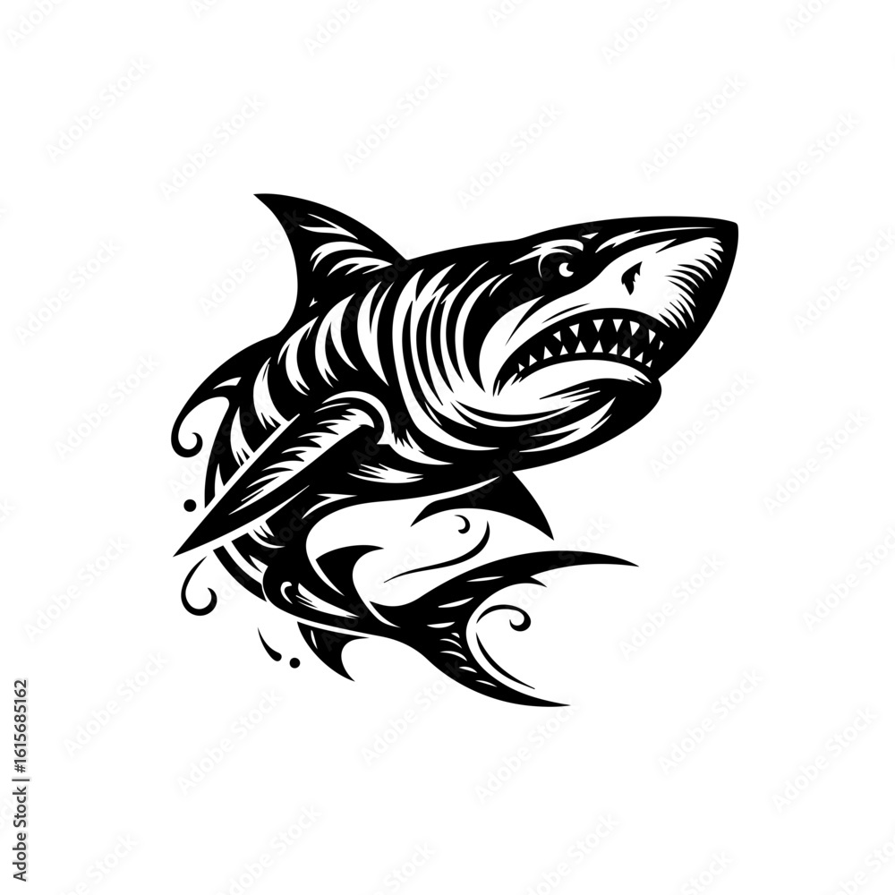 Obraz premium Fierce Black Tribal Shark Illustration with Sharp Teeth and Flowing Fins.