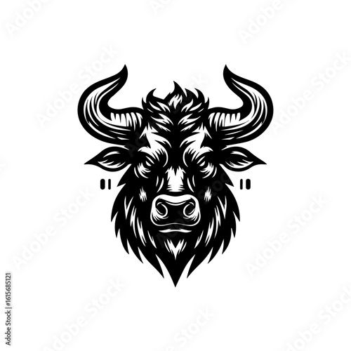 Fierce Black Bull Head with Stylized Horns and Mane.