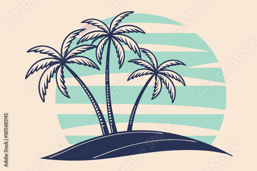 Three indigo palm trees adorn a tropical island against a striped sunset scene