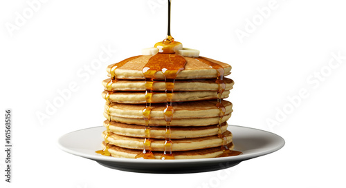 Isolated Photo Of Stacked Pancakes With Syrup And Butter On Transparent Background