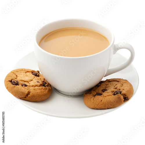 Isolated Photo Of Tea Cup And Chocolate Chip Cookies On White Plate