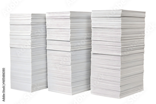 Four tall stacks of white paper documents arranged in row showing office paperwork volume, isolated on a transparent background