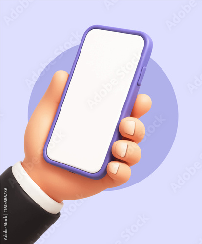 Hand hold smartphone blank white screen on pastel background. online marketing concept. 3d vector icon play entertainments social media via platform mobile phone network internet. 3d render