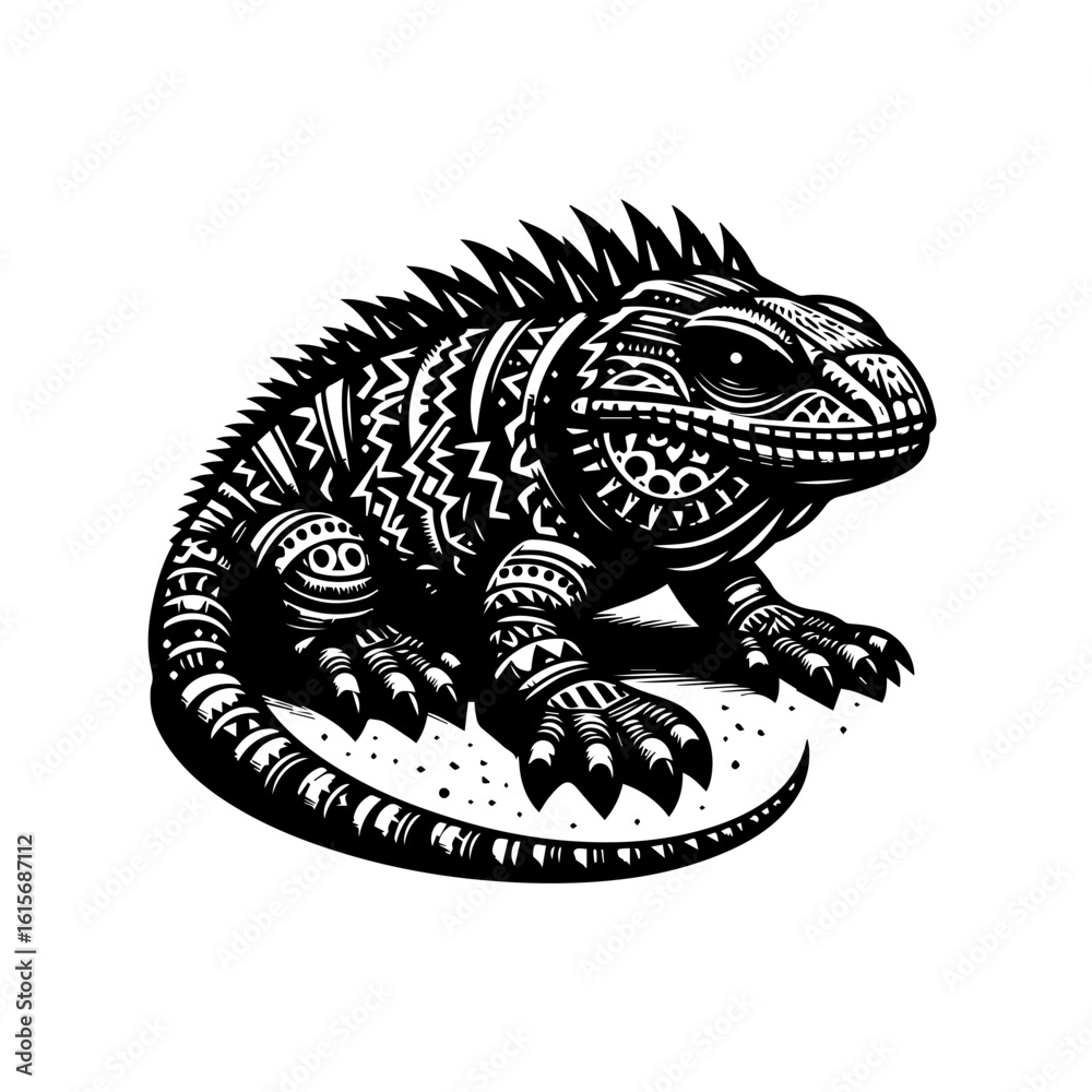 Obraz premium Intricate Black and White Tribal Tattoo Style Lizard Illustration.